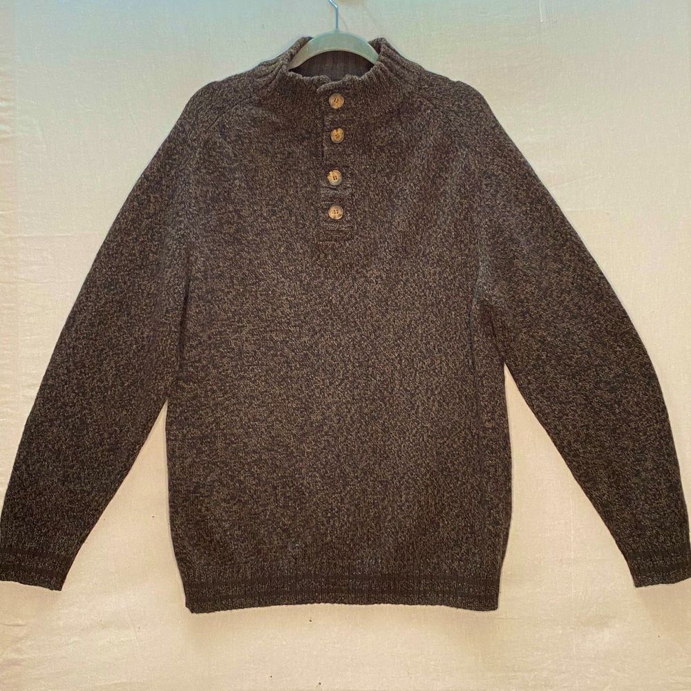 💎Briard Mens Sweater XL Dark Heather Brown Mock Neck Collar Four Button Closure